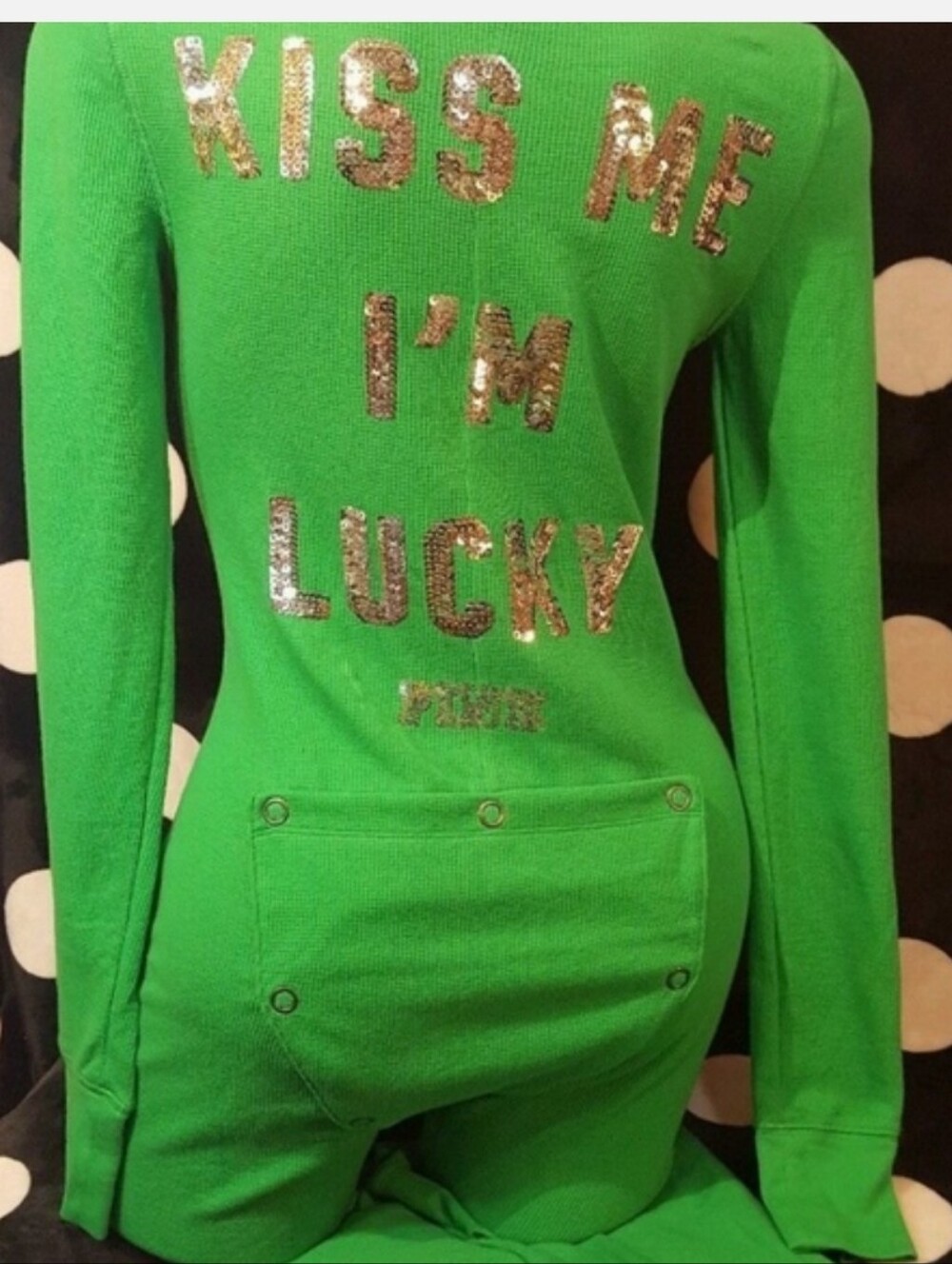 Pink, Kiss Me I'm Lucky Green Sequin Onesie
